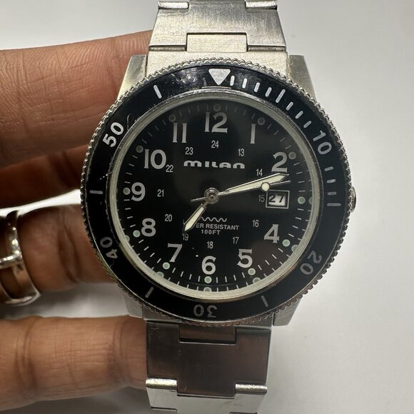 Milan Watch Men Silver Tone Black Dial Date Window 38MM New Battery 7 Inch - Picture 1 of 10